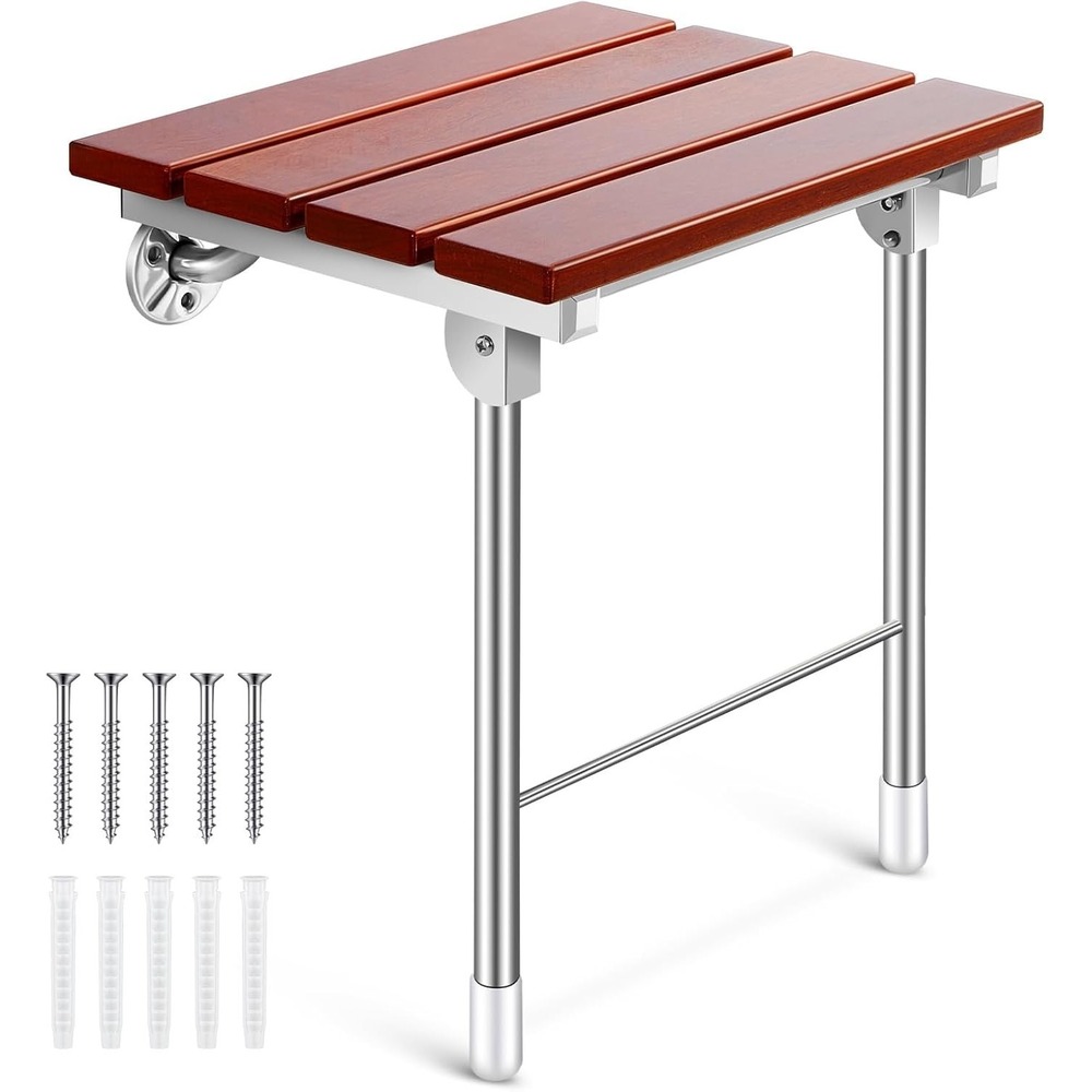 Geetery Folding Shower Seat Wall Mounted 18 Inch Wood Bench w/ Legs 400 lbs